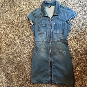 Cute blue stretchy denim minidress with zipper.